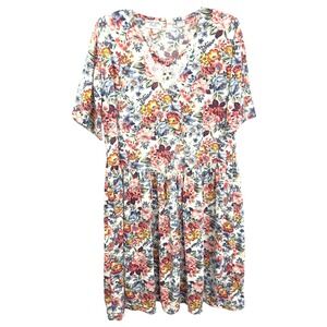 VTG Floral‎ Dress Lace V Neck Cottagecore Babydoll Midi Shift Short Sleeve 1150